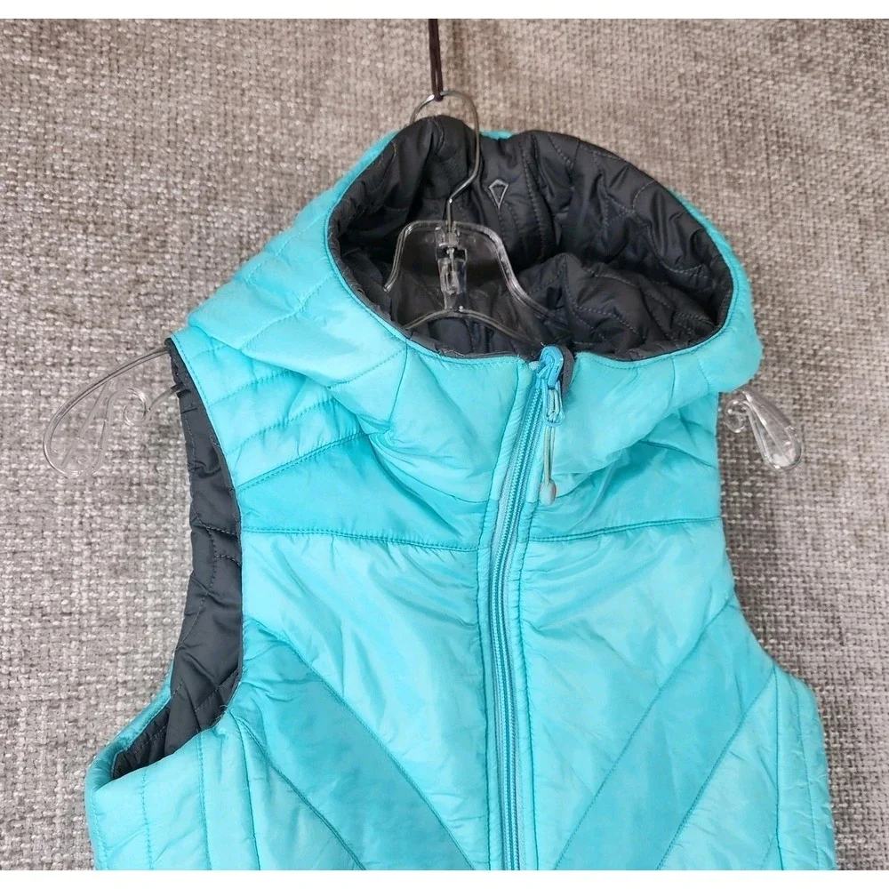 Ivivva by Lululemon Reversible‎ Hooded Puffer Vest Girls 14 Aqua Gray Quilted